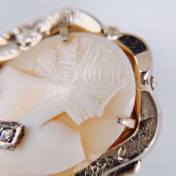 Vintage Coro Cameo Brooch 40s-50s Diamond Accent 10K Gold Plated Shell Carving - Picture 6 of 11